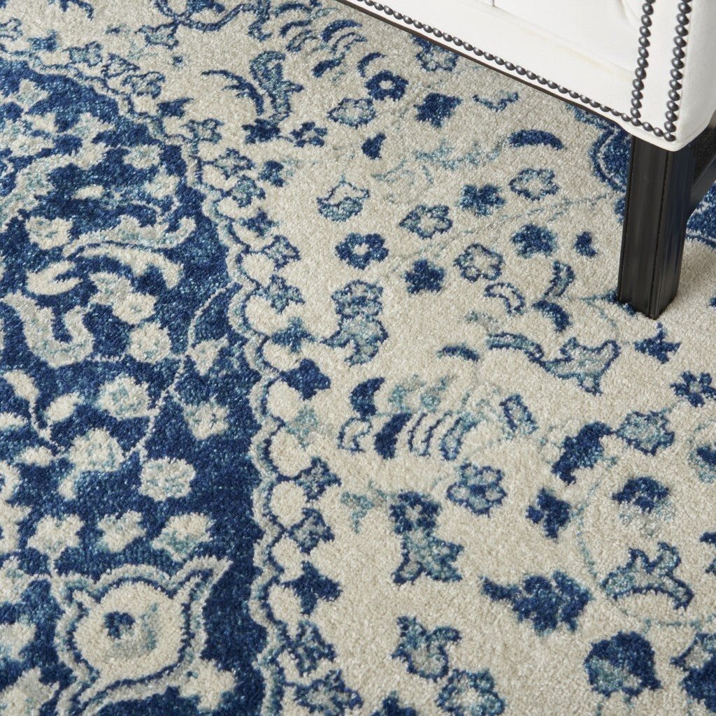 5' X 7' Ivory And Blue Medallion Area Rug