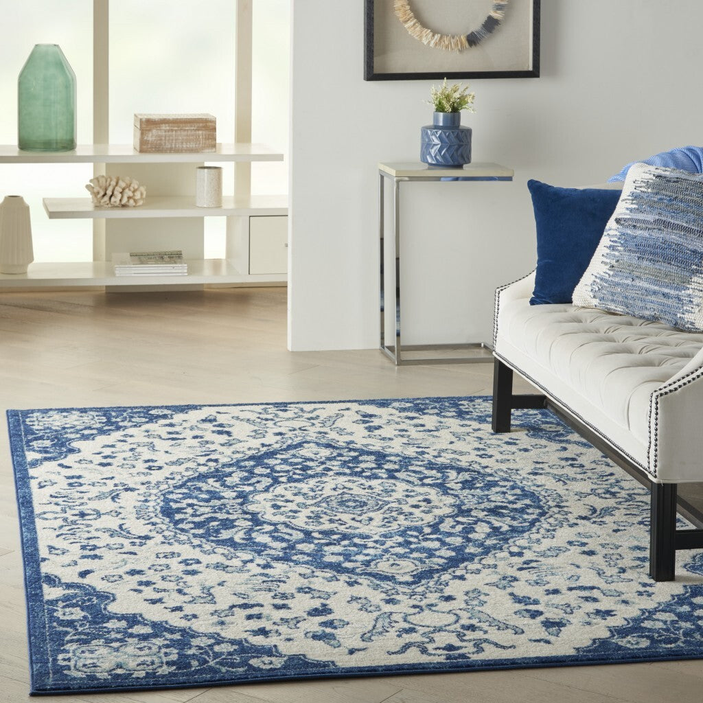 5' X 7' Ivory And Blue Medallion Area Rug