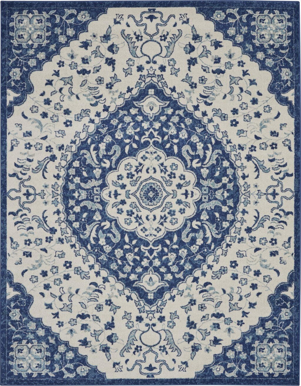 8' X 10' Ivory And Blue Medallion Area Rug