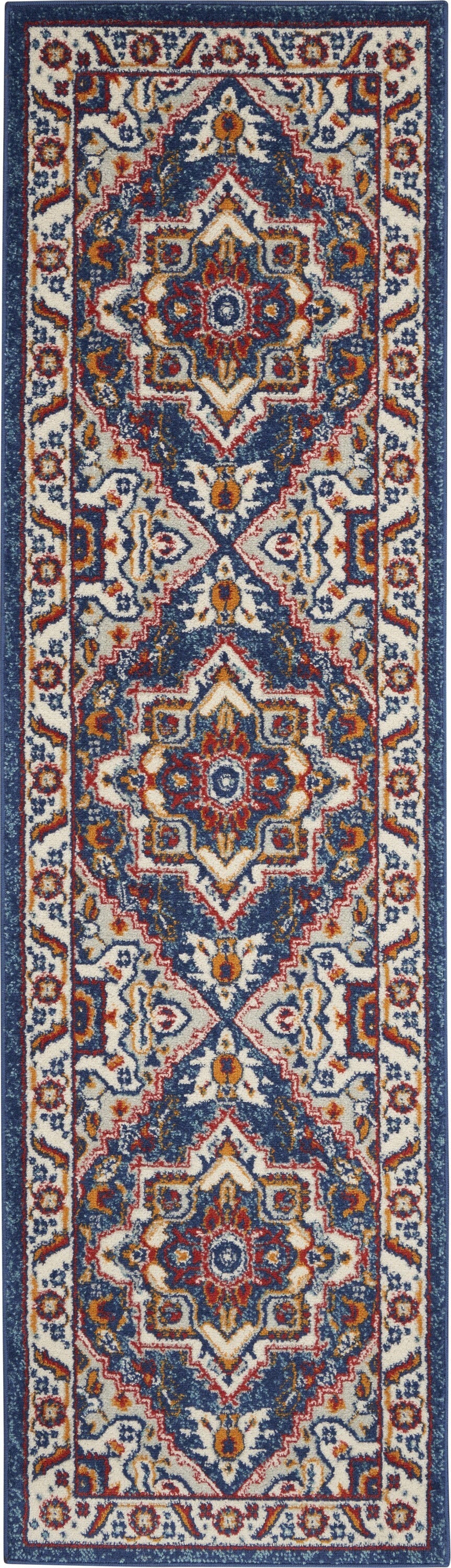 2' X 8' Blue And Ruby Medallion Runner Rug