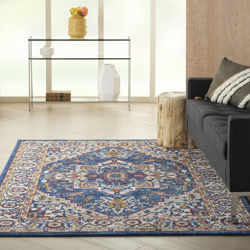 5' X 7' Blue And Ruby Medallion Area Rug