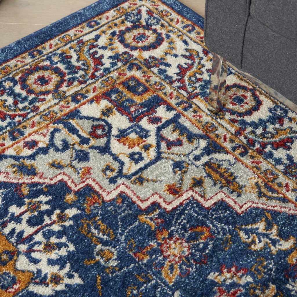 5' X 7' Blue And Ruby Medallion Area Rug