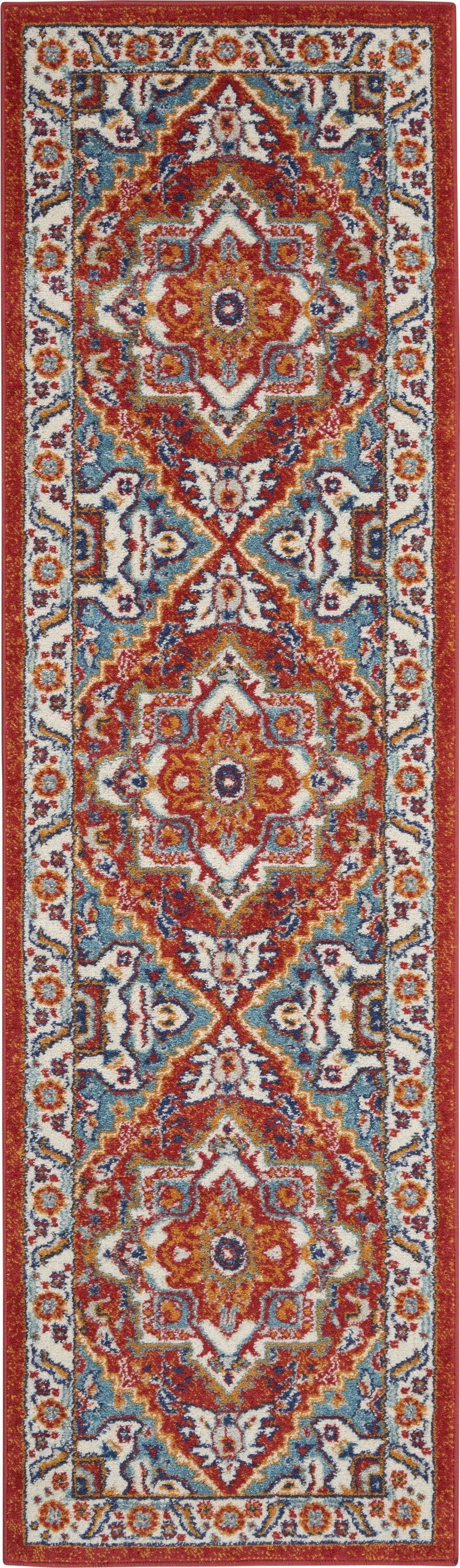 2' X 8' Red And Ivory Medallion Runner Rug