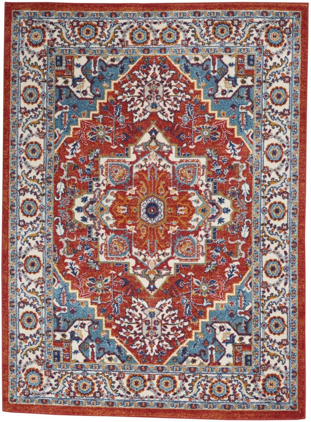 5' X 7' Red And Ivory Medallion Area Rug