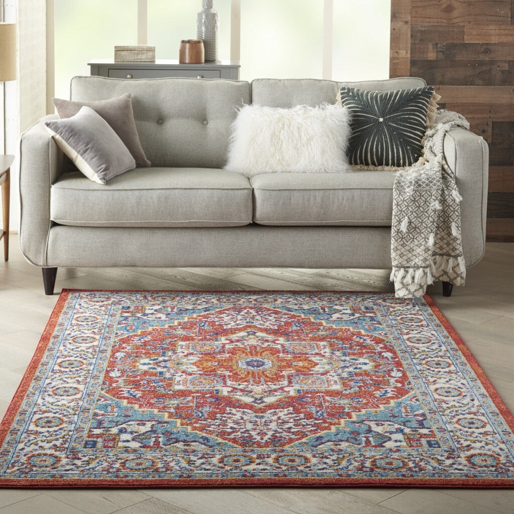 5' X 7' Red And Ivory Medallion Area Rug