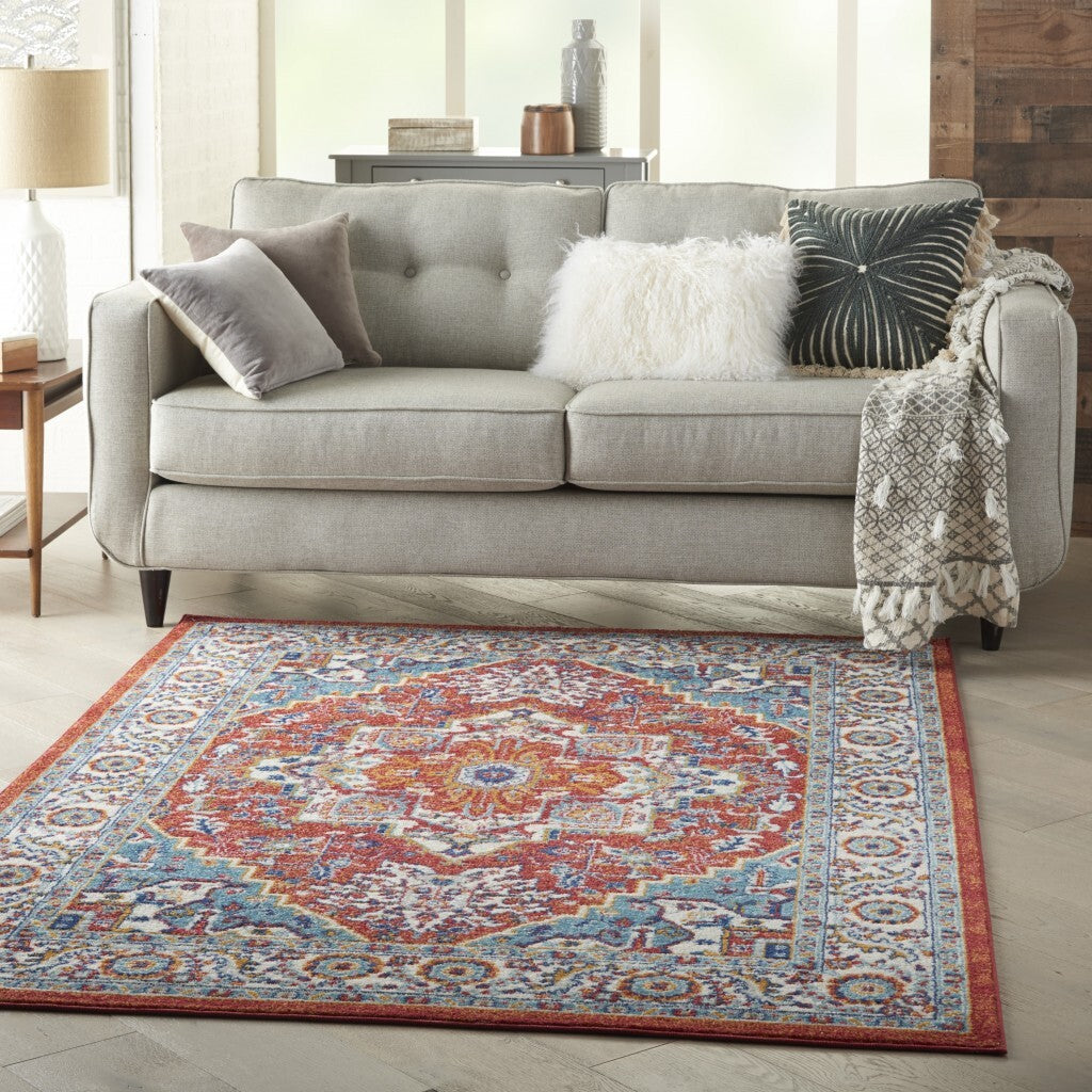 5' X 7' Red And Ivory Medallion Area Rug