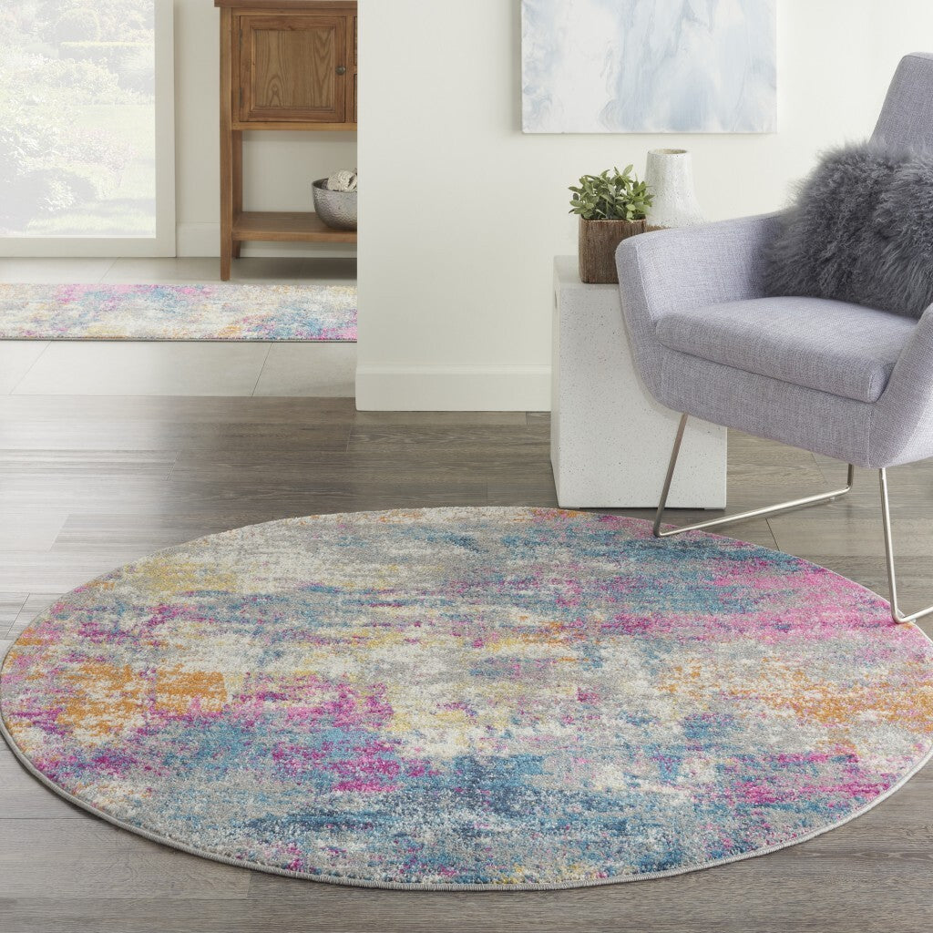5' Round Ivory And Multi Abstract Area Rug