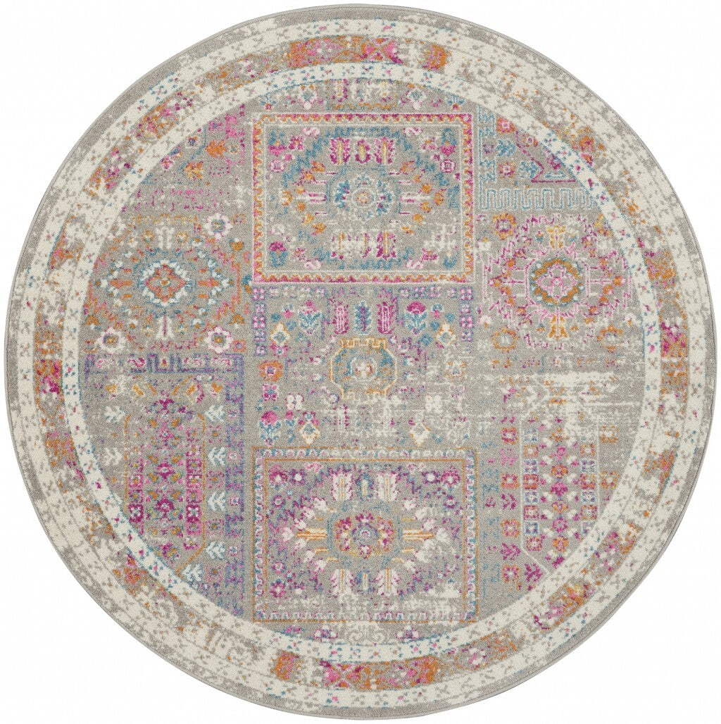 4' Round Gray Distressed Ornamental Area Rug