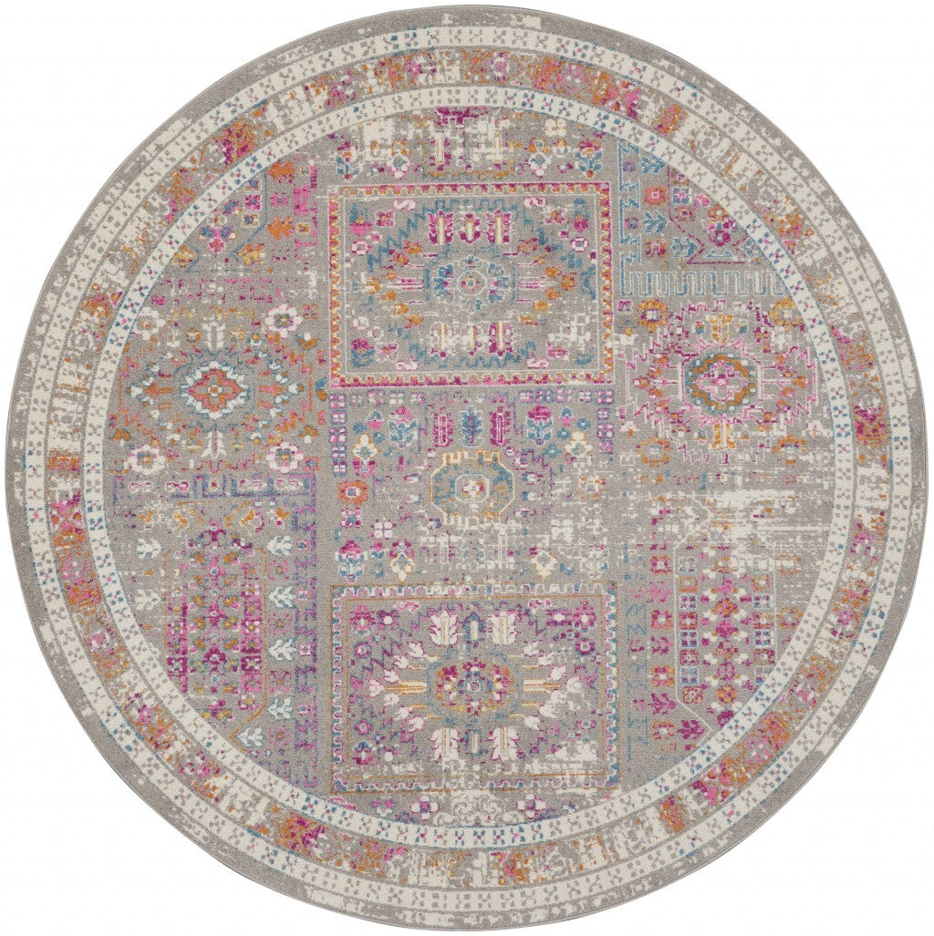 8' Round Gray Distressed Ornamental Area Rug