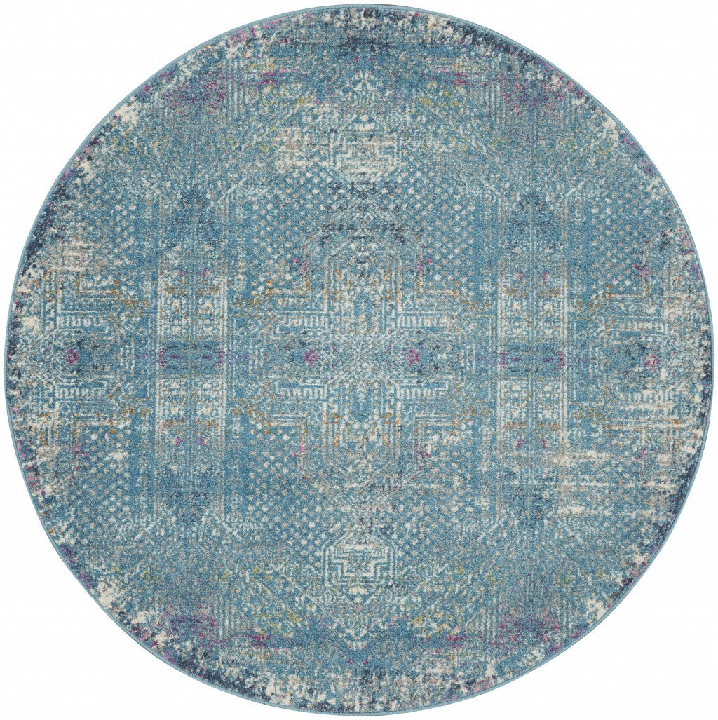 4' Round Blue Distressed Medallion Area Rug