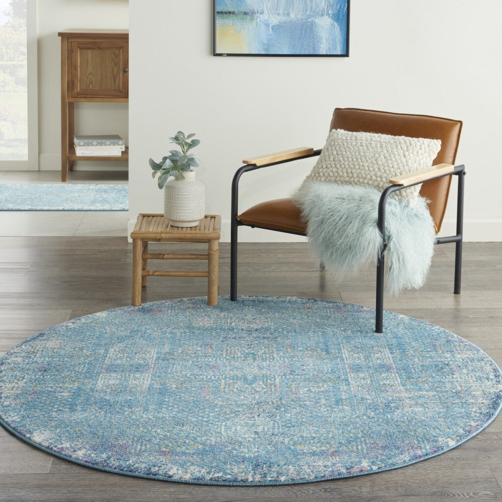 5' Round Blue Distressed Medallion Area Rug