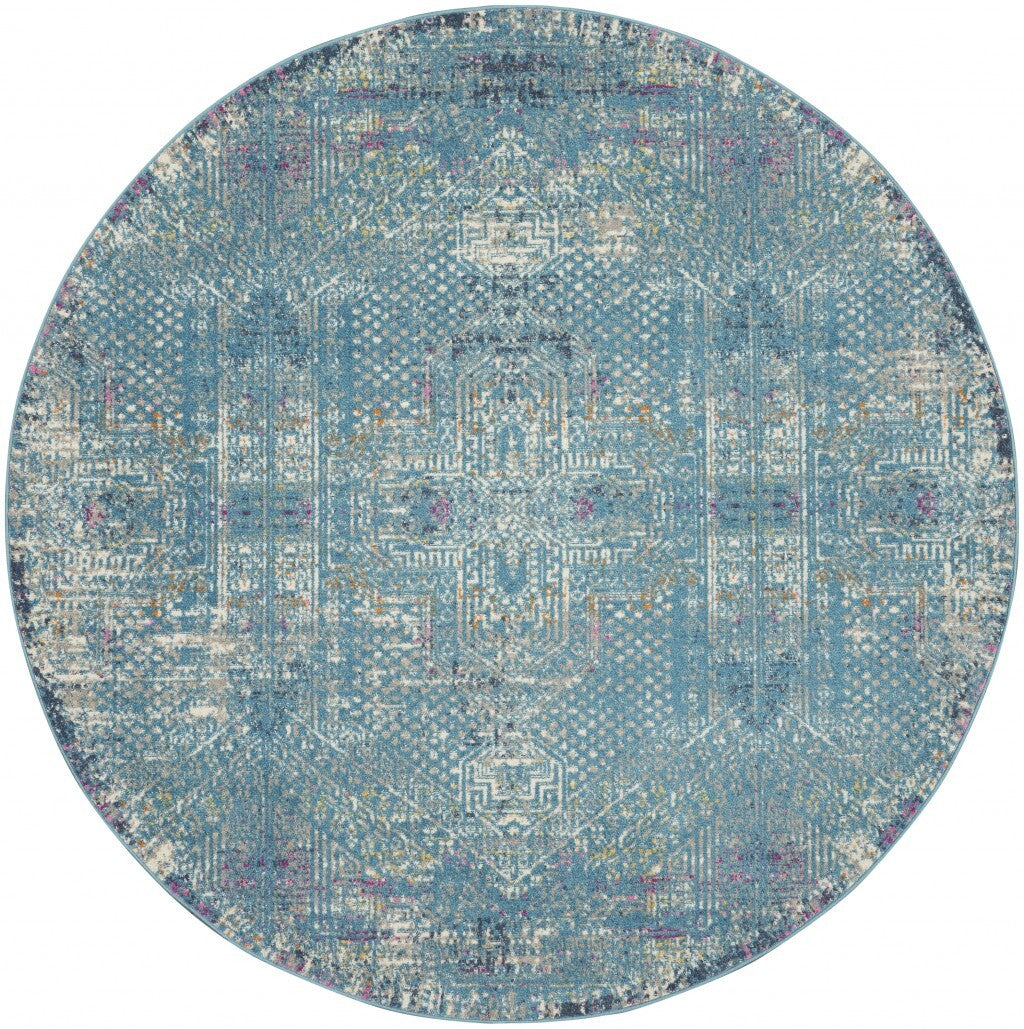 8' Round Blue Distressed Medallion Area Rug