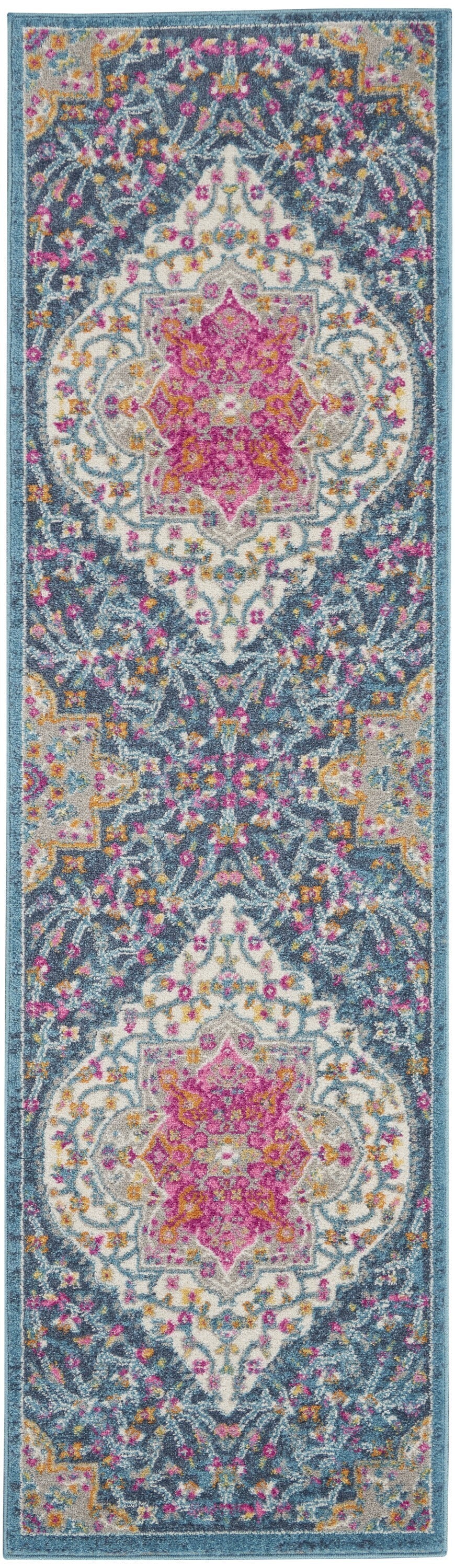 2' X 6' Blue And Pink Medallion Runner Rug