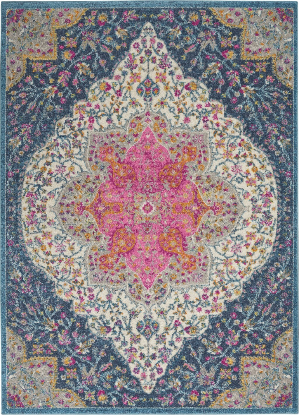 5' X 7' Blue And Pink Medallion Area Rug