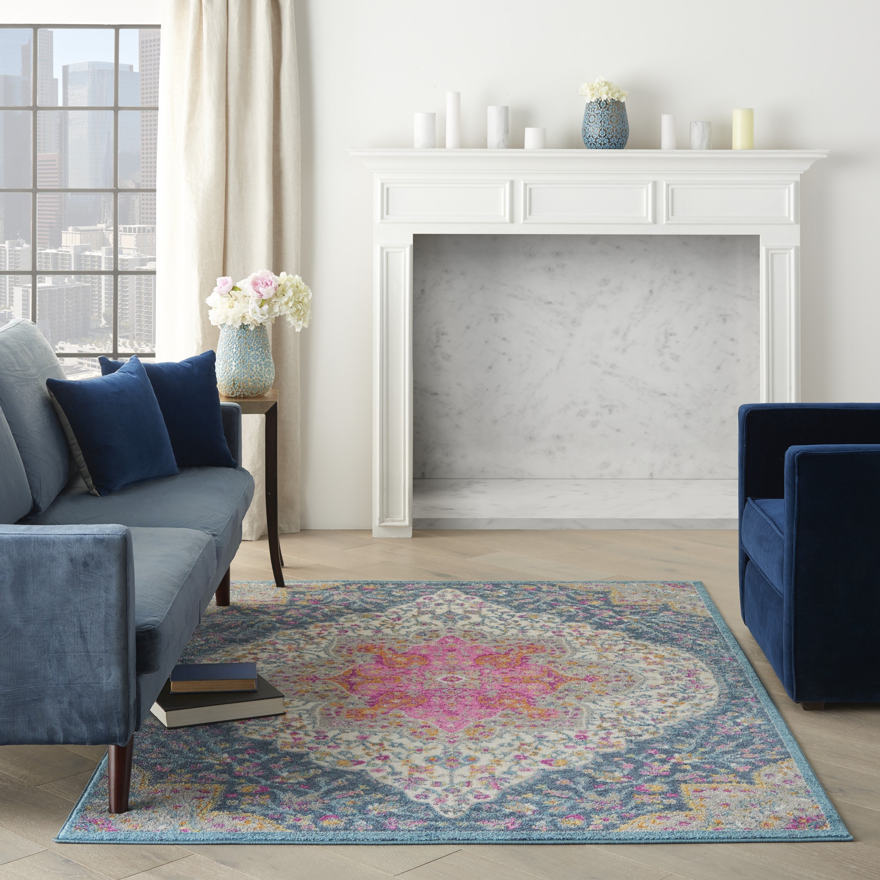 5' X 7' Blue And Pink Medallion Area Rug