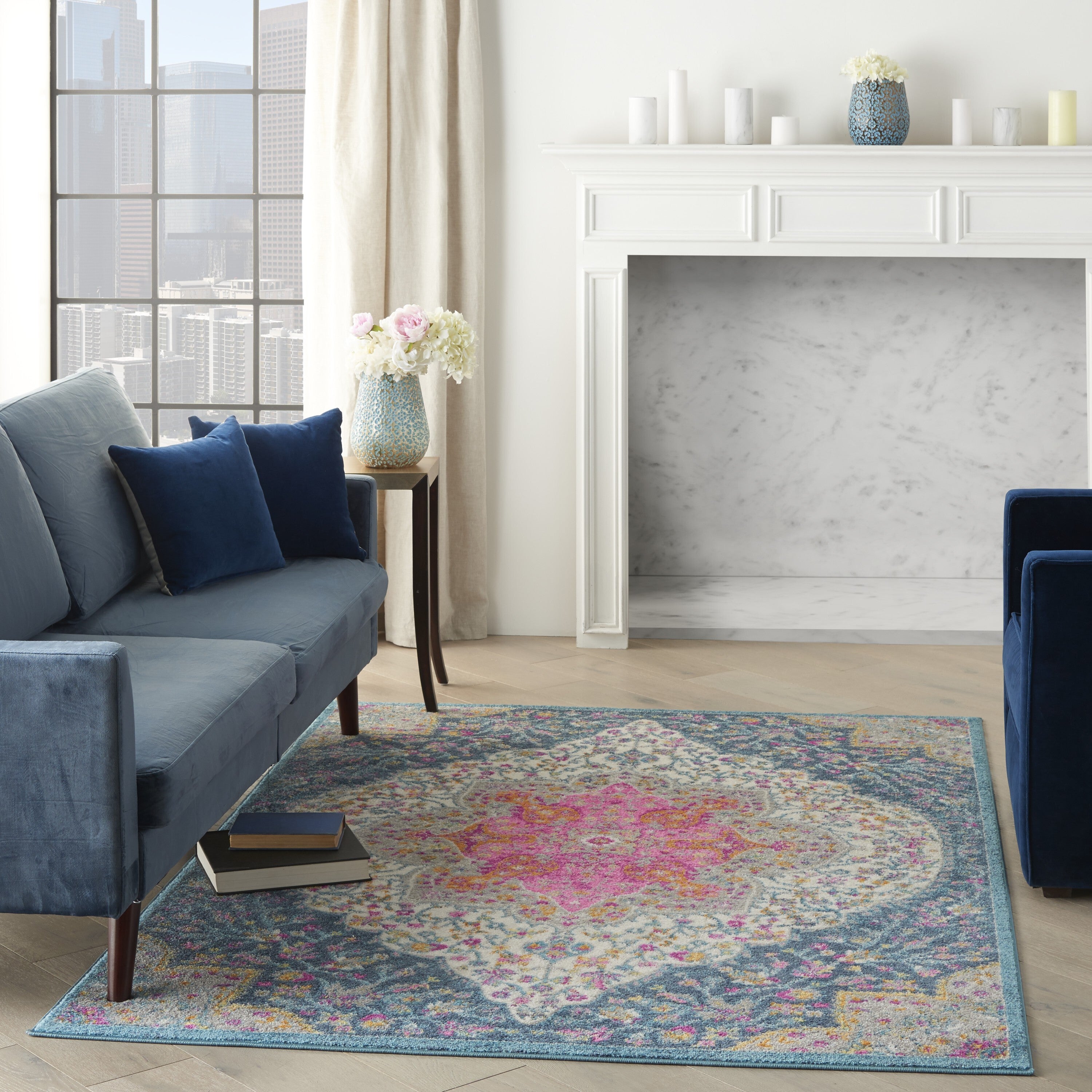 5' X 7' Blue And Pink Medallion Area Rug