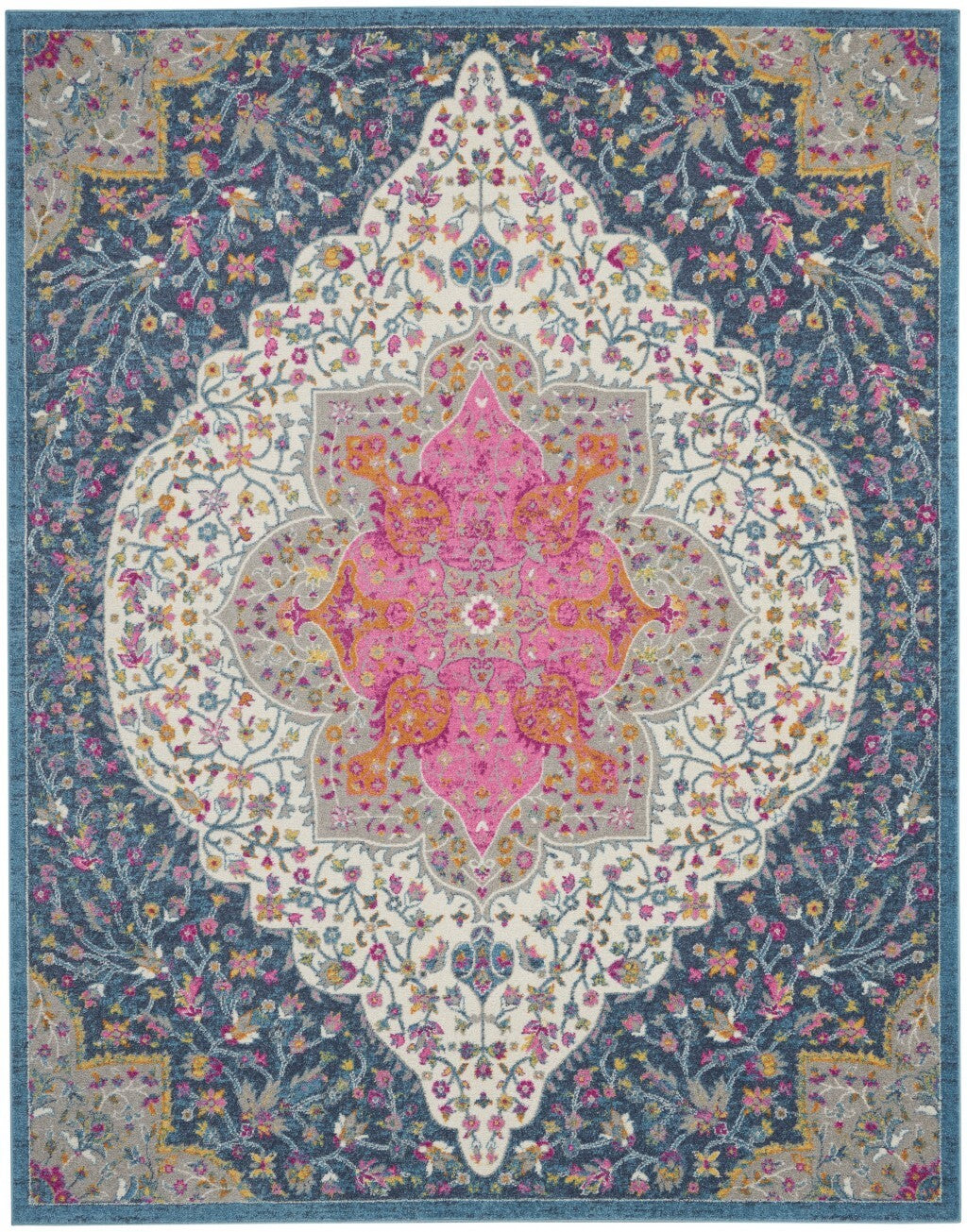 7' X 10' Blue And Pink Medallion Area Rug