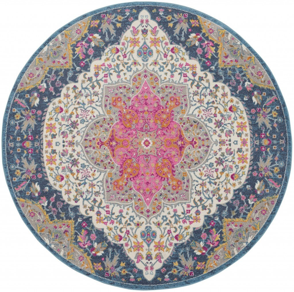 8' Round Blue And Pink Medallion Area Rug