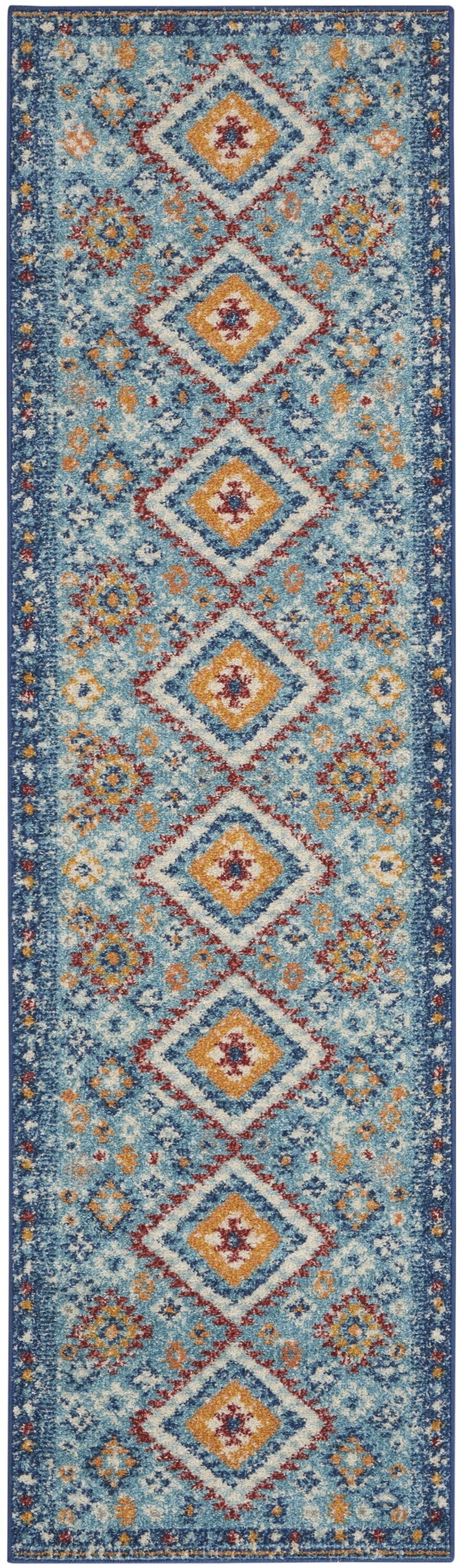 2' X 6' Blue And Multi Diamonds Runner Rug