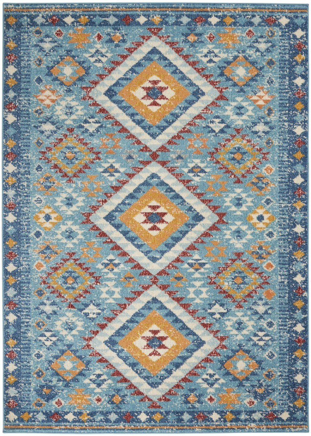 5' X 7' Blue And Multi Diamonds Area Rug