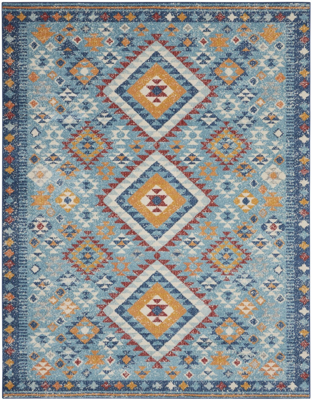 8' X 10' Blue And Multi Diamonds Area Rug