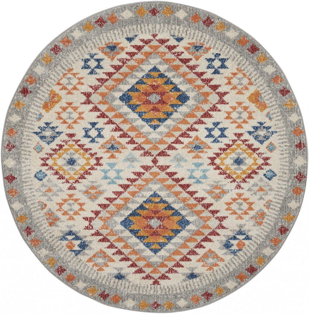 5' Round Ivory And Red Diamonds Area Rug