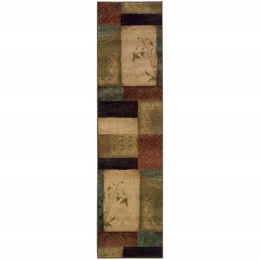 2' X 8' Beige And Brown Floral Block Pattern Runner Rug