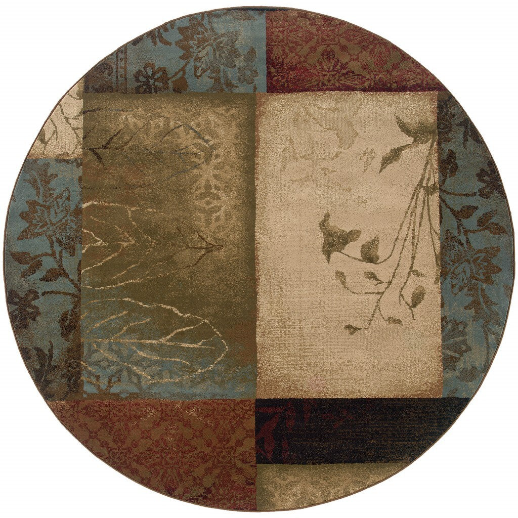 8' Round Beige And Brown Floral Block Pattern Area Rug