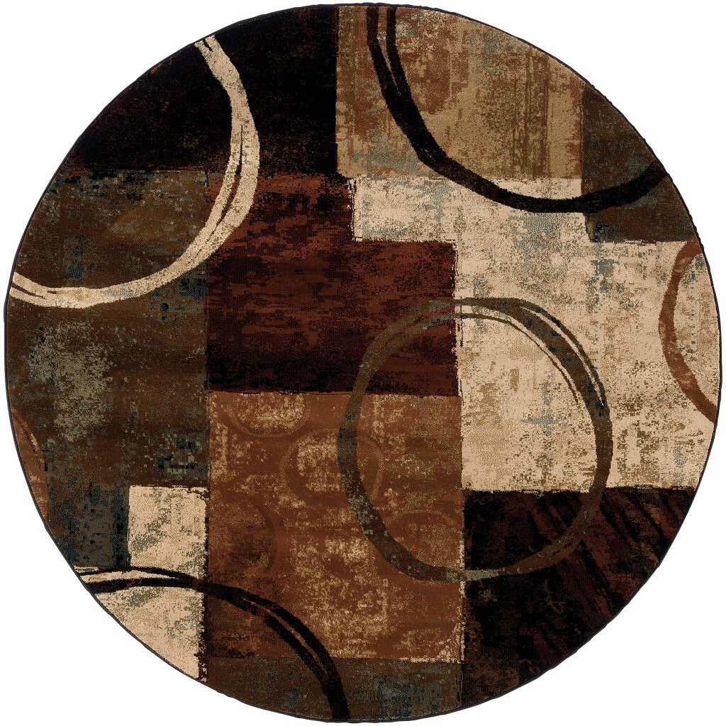 8' Round Brown And Black Abstract Geometric Area Rug