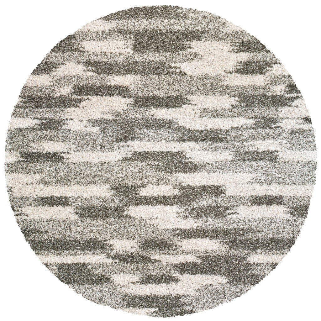 8' Round Gray And Ivory Geometric Pattern Area Rug