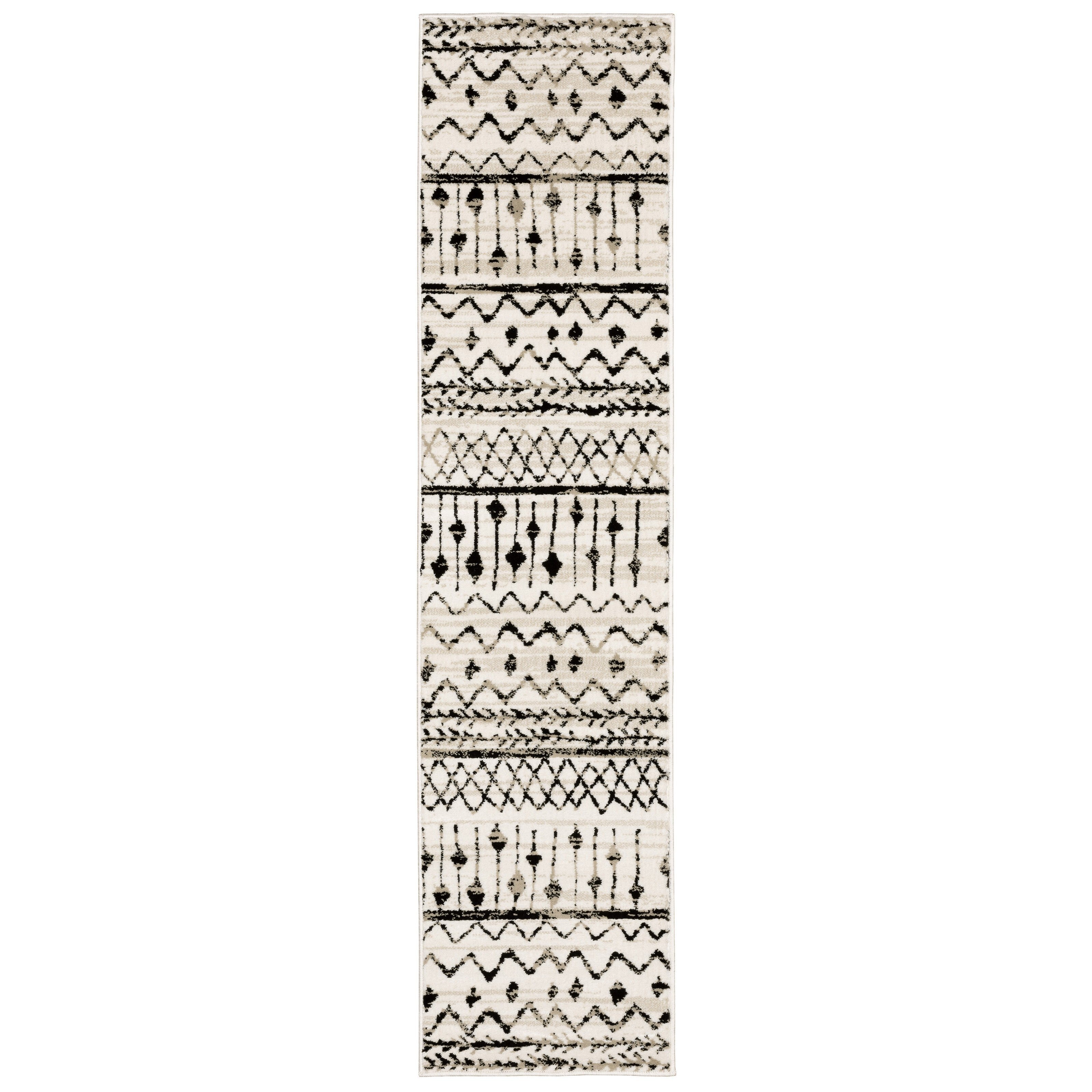 2' X 8' Ivory And Black Eclectic Patterns Indoor Runner Rug