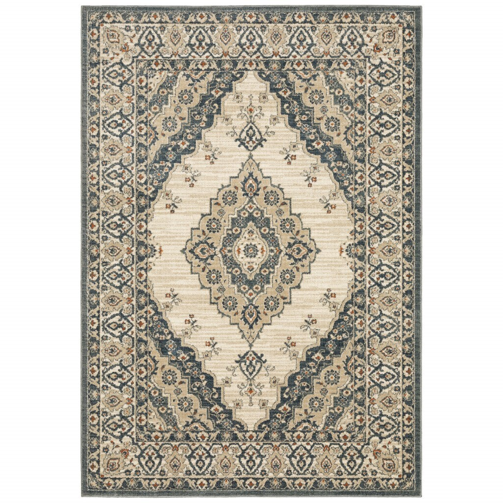 2' X 7' Vintage Beige And Blue Indoor Runner Rug