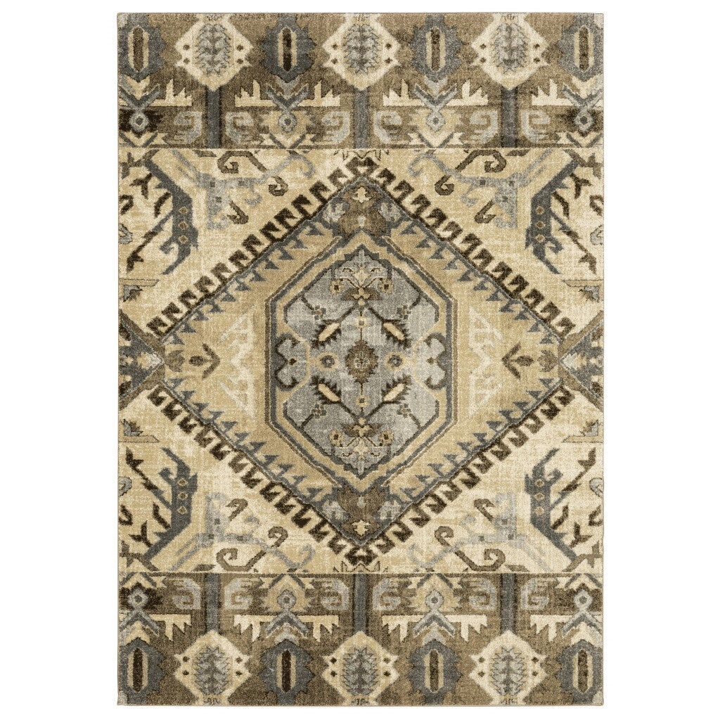 5' X 8' Tan And Gold Central Medallion Indoor Area Rug