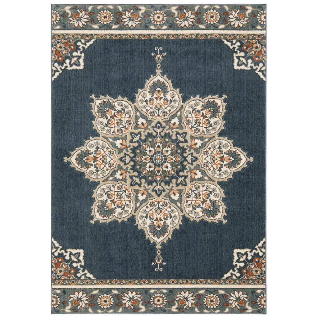 7' X 9' Blue And Beige Floral Medallion Indoor Area Rug