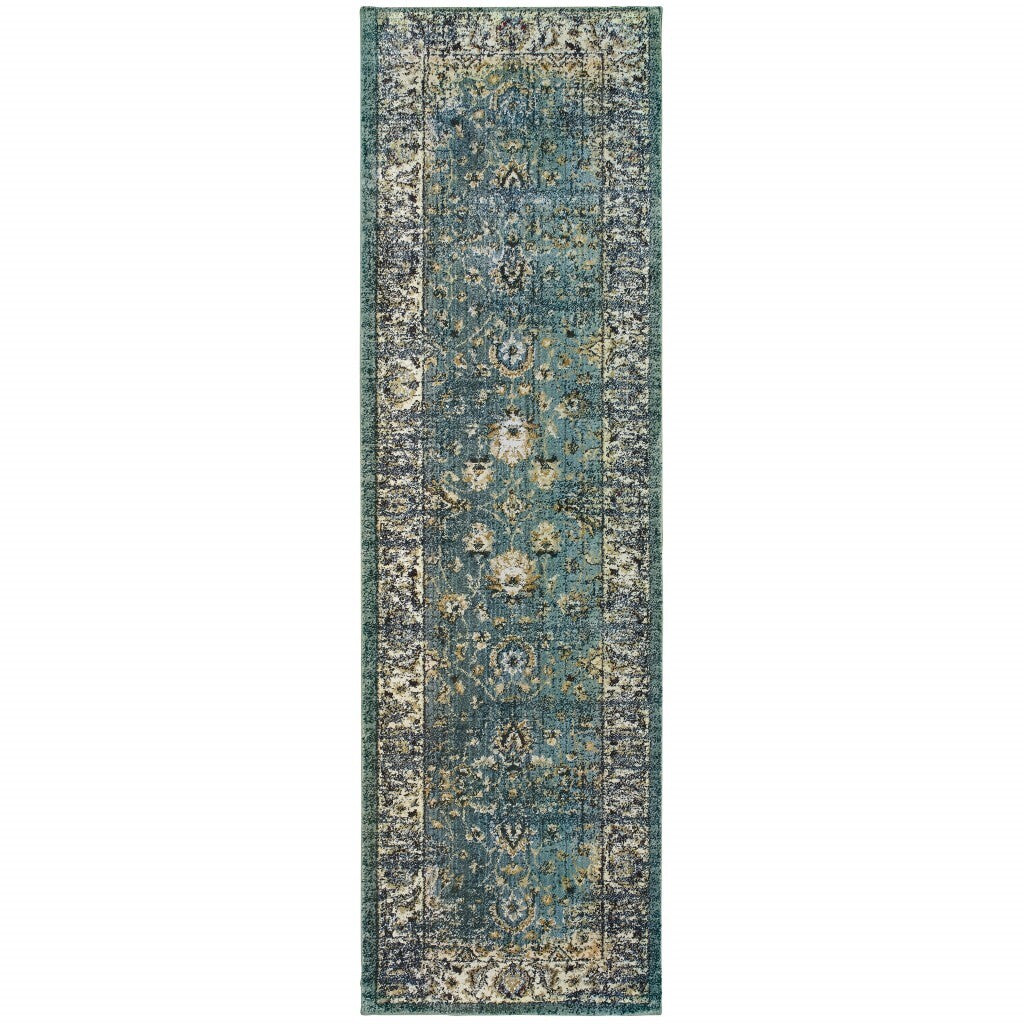 2' X 8' Peacock Blue And Ivory Indoor Runner Rug