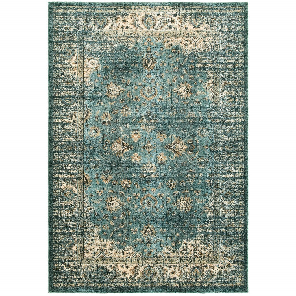 7' X 10' Peacock Blue And Ivory  Indoor Area Rug