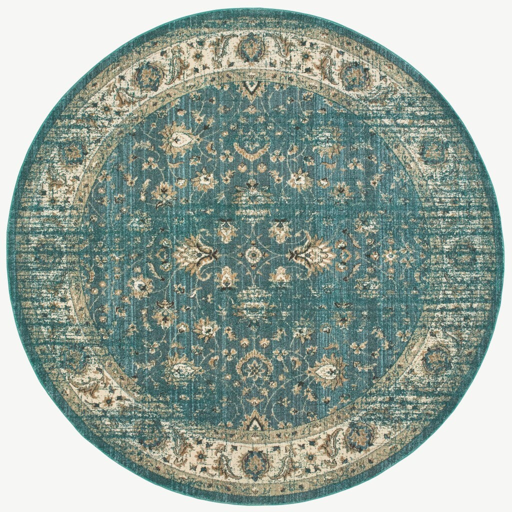 8' Round Peacock Blue And Ivory Indoor Area Rug