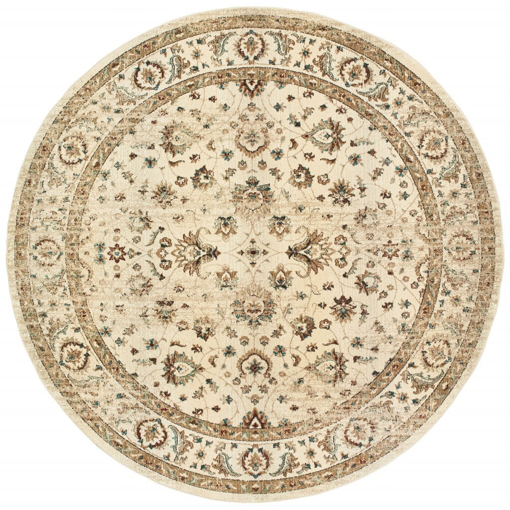 8' Round Ivory And Gold Distressed Indoor Area Rug