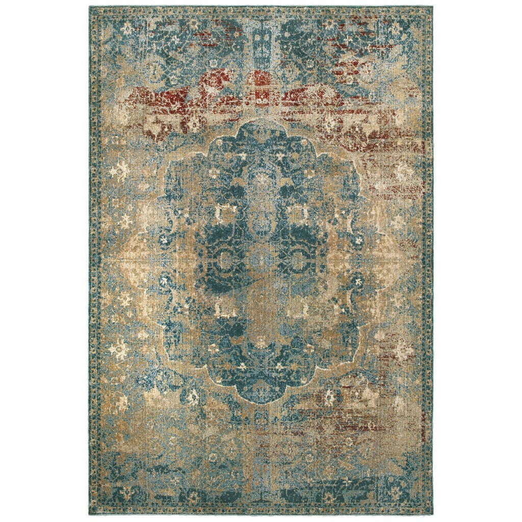 7' X 10' Sand And Blue Distressed Indoor Area Rug