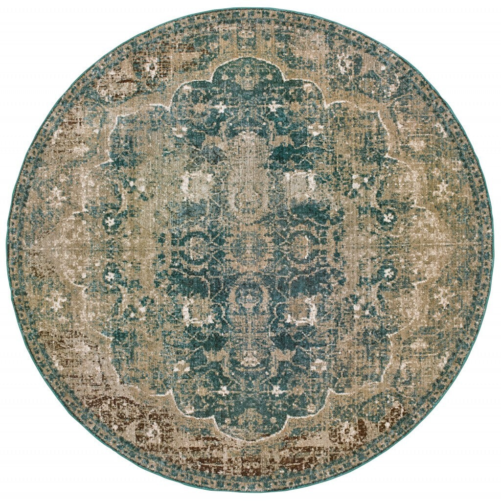 8' Round Sand And Blue Distressed Indoor Area Rug