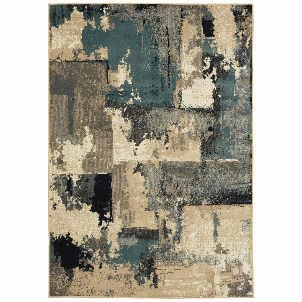 7' X 9' Beige And Blue Block Indoor Area Rug