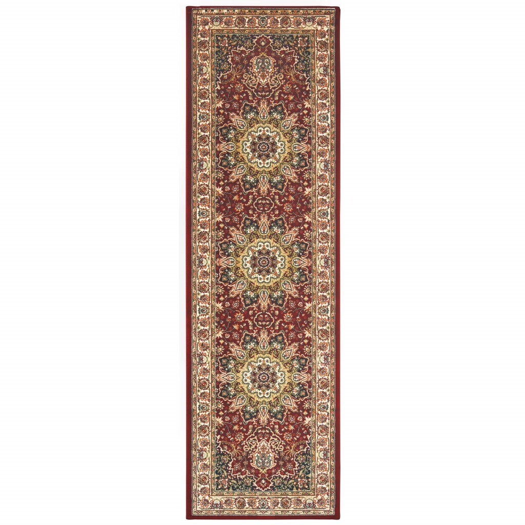 8' Red Ivory Machine Woven Oriental Indoor Runner Rug