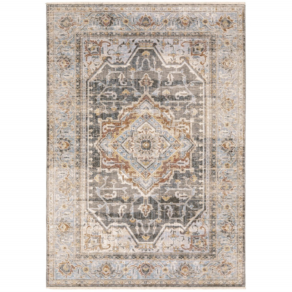 5' X 8' Grey Blue Machine Woven Medallion Indoor Area Rug