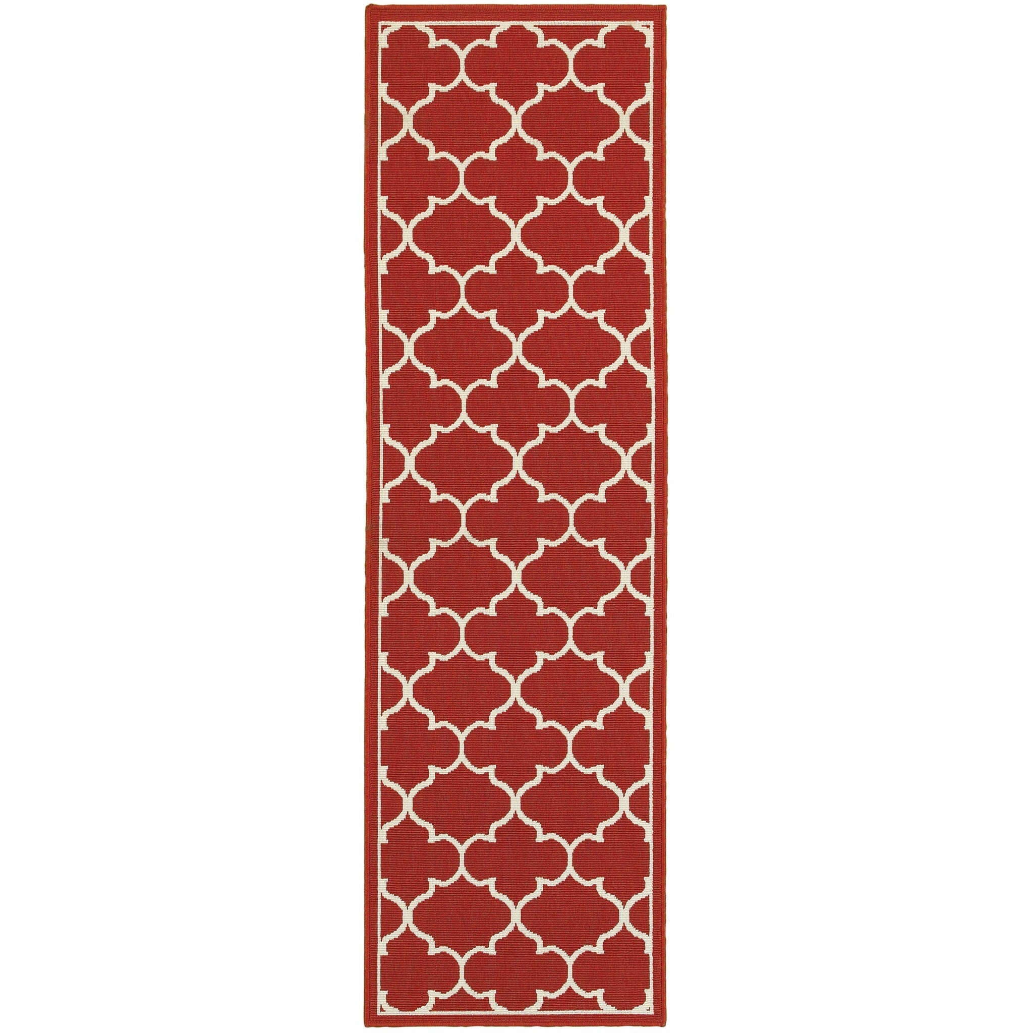 2'X8' Red And Ivory Trellis Indoor Outdoor Runner Rug