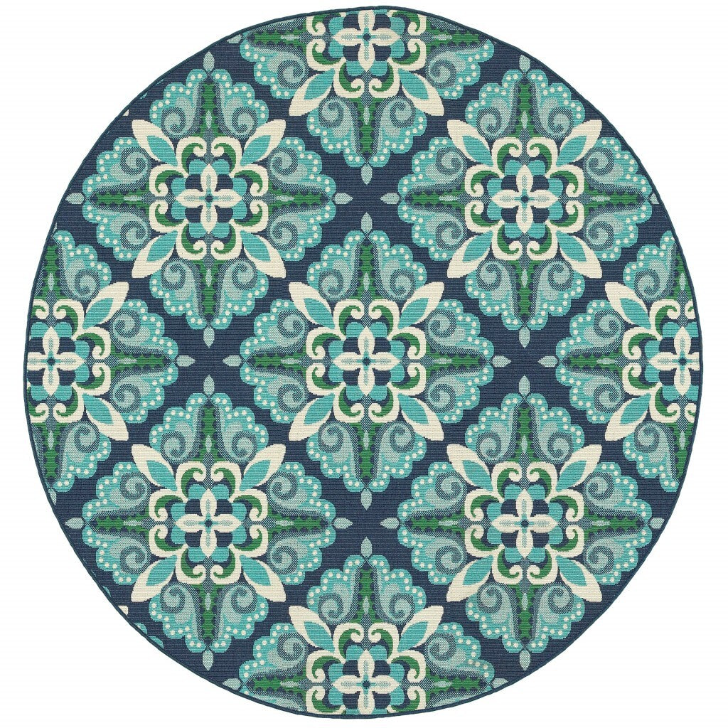 8' Round Blue And Green Floral Indoor Outdoor Area Rug