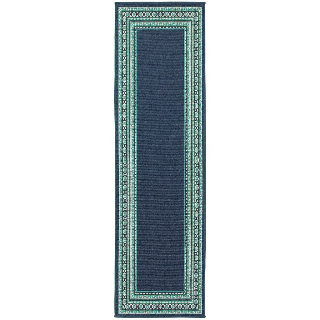 2'X8' Navy And Green Geometric Indoor Outdoor Runner Rug