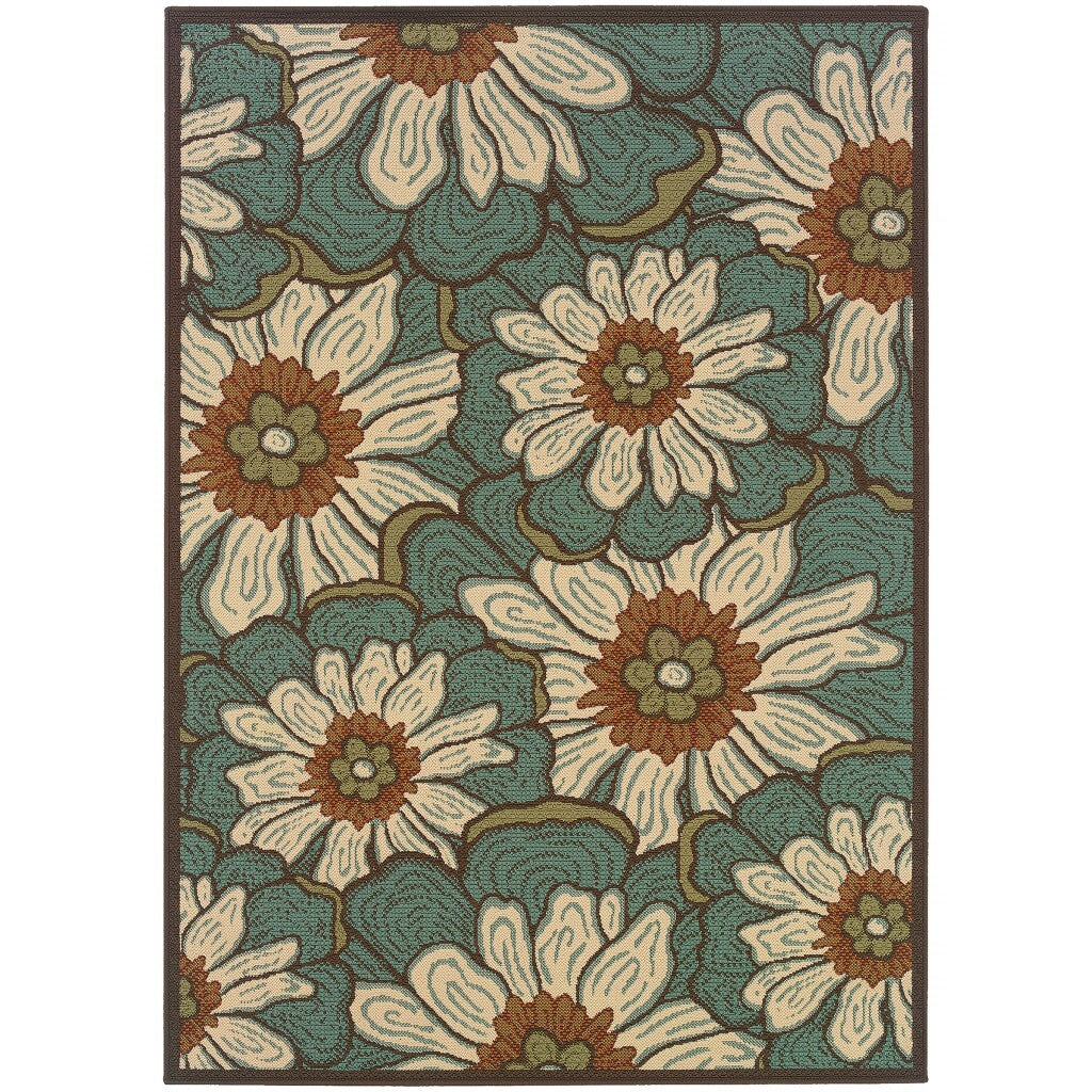 8'X11' Blue And Brown Floral Indoor Outdoor Area Rug
