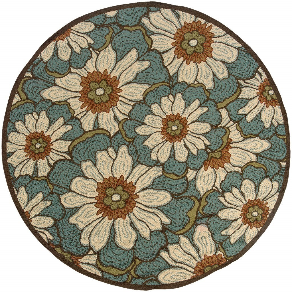 8' Round Blue And Brown Floral Indoor Outdoor Area Rug