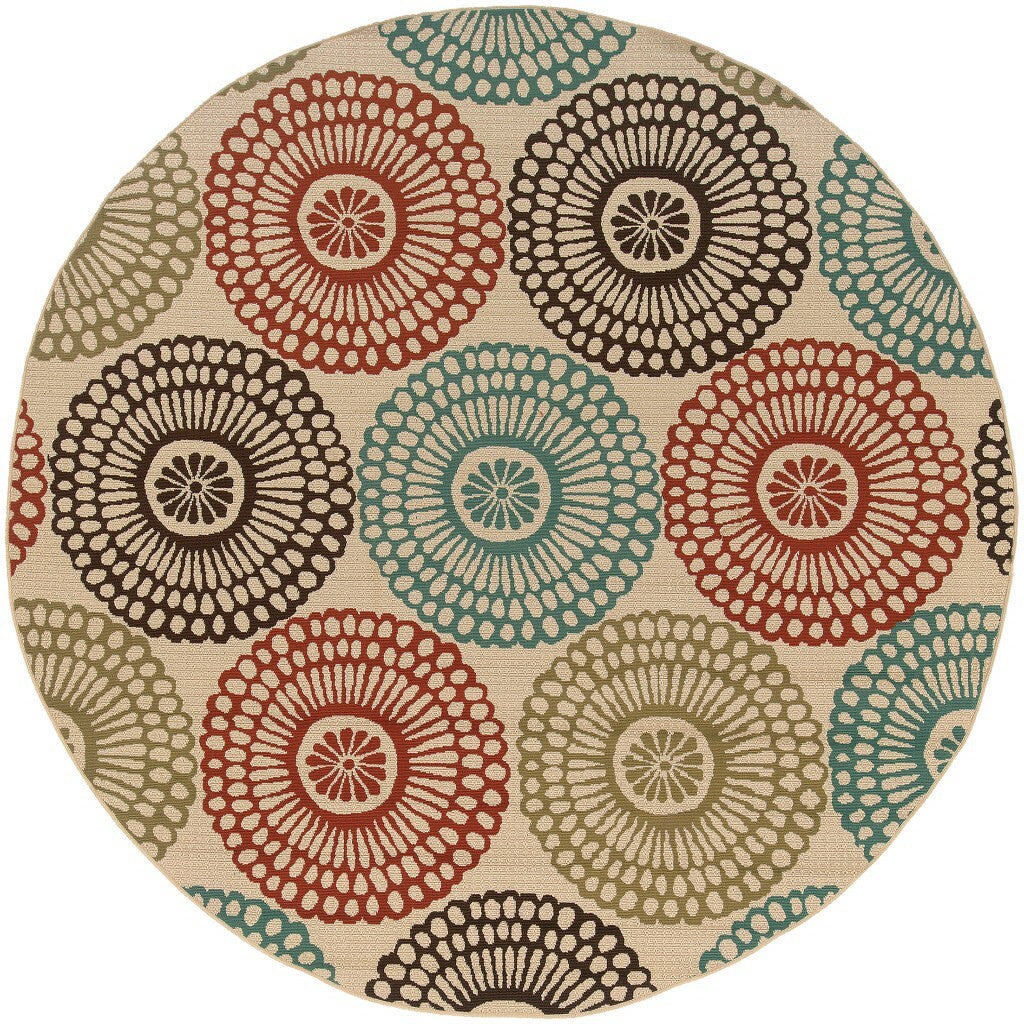 8' Round Beige And Blue Medallion Indoor Outdoor Area Rug