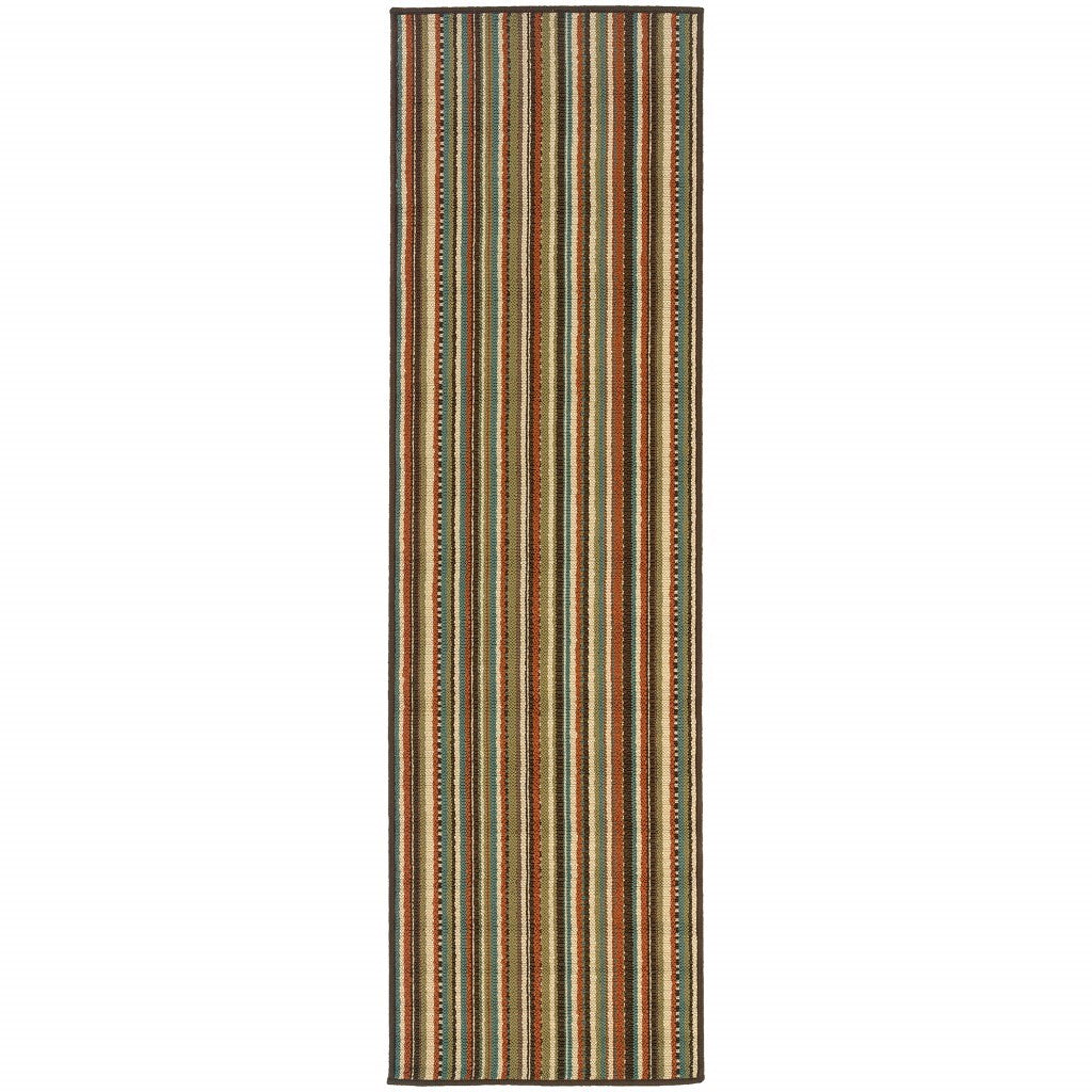 2'X8' Green And Brown Striped Indoor Outdoor Runner Rug